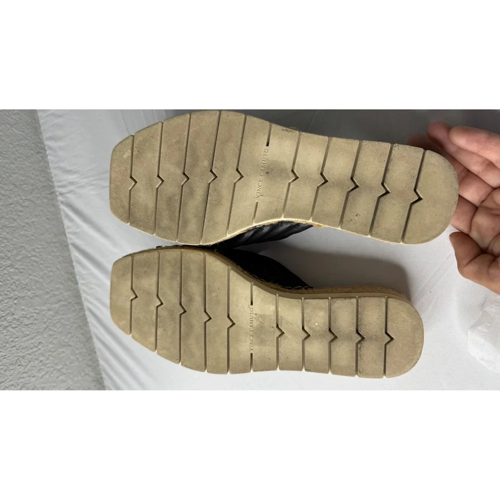 Vince Camuto Black Leather Quilted Twist Espadrille Platform Slide Sandals
